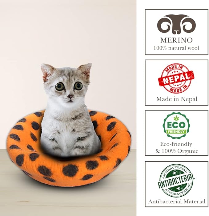 Woolygon Premium Felt Cat Cave Bed - Polka Dot Series - Wool Kitty Beds Handcrafted Kitten Caves Bed for Indoor Cats - Eco-Friendly Merino Wool, Foldable Cat Hideaway Cat Houses (Orange/Black Dots)-Mewly Pet
