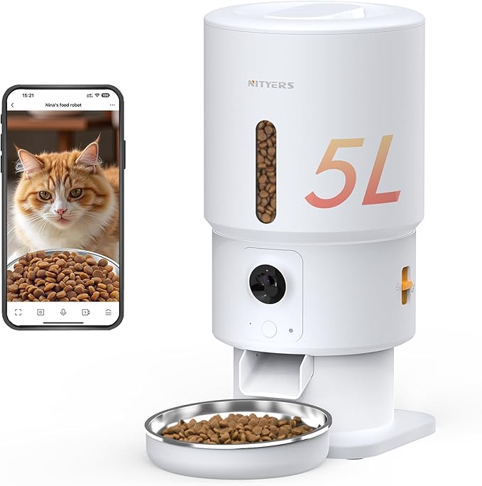 Automatic Cat Feeder with Camera - 5G WiFi Timed Cat Food Dispenser, 1080P HD Video with Night Vision, 1-15 Meals, 1-99 Portions, 2-Way Audio, Keeps Dry Food Fresh, 5L Auto Pet Feeder Also for Dogs-Mewly Pet