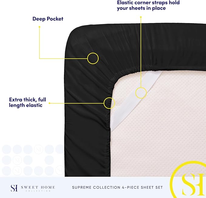 RV Queen Bed Sheets - Breathable Luxury Sheets with Full Elastic & Secure Corner Straps Built In - 1800 Supreme Collection Extra Soft Deep Pocket Bedding Set, Sheet Set, RV Short Queen, Black