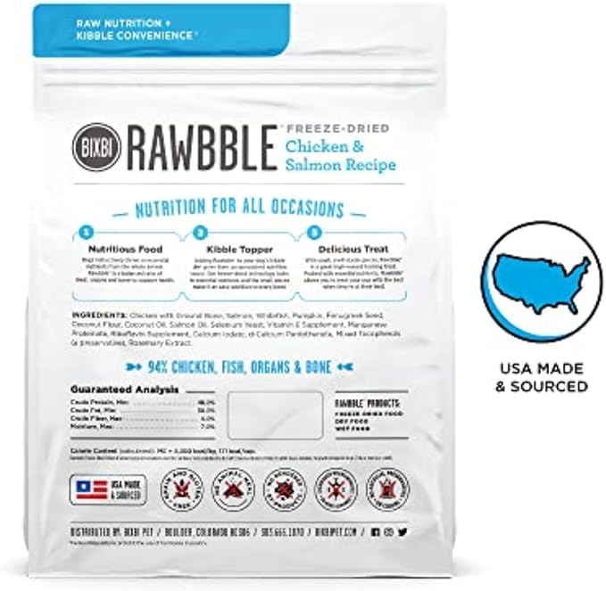 BIXBI Rawbble Freeze Dried Dog Food, Chicken & Salmon Recipe, 26 oz - 94% Meat and Organs, No Fillers - Pantry-Friendly Raw Dog Food for Meal, Treat or Food Topper - USA Made in Small Batches-Mewly Pet