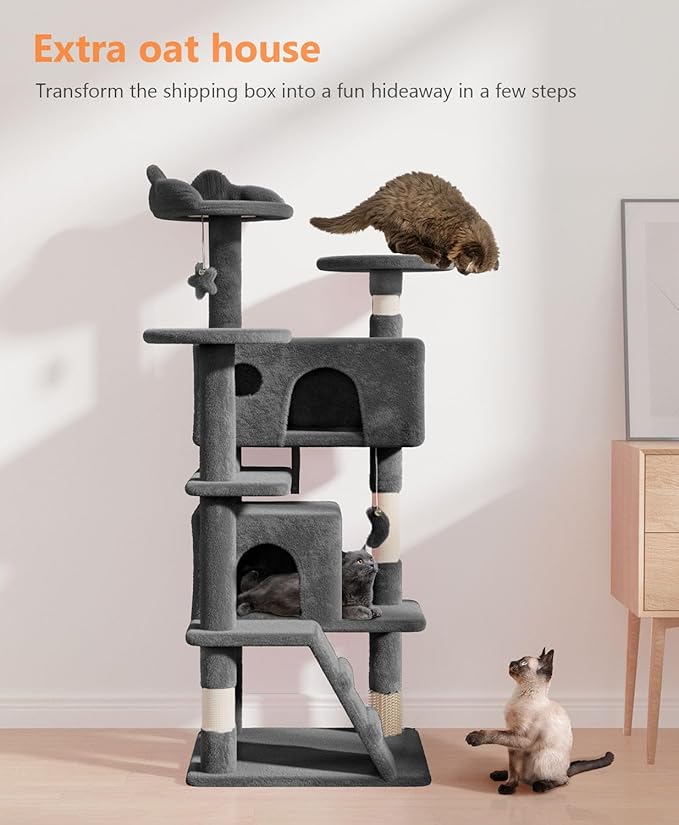 54" Cat Tree Tower for Indoor Cats Large Adult,Cute/Tall Modern Cat Tree for Big Cats 20 lbs, Plush Multi-Level Cat Condo with Scratching Posts,Hammock, Dangling Ball (Smoky Gray, 54 inch)-Mewly Pet