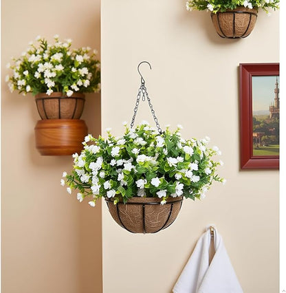 Artificial Hanging Flowers Basket, 12 UV-Resistant Bundles of Realistic Fake Flowers, Faux Plants for Outdoor Decor, Home, Garden, Porch, Patio, Spring & Summer Decorations, White