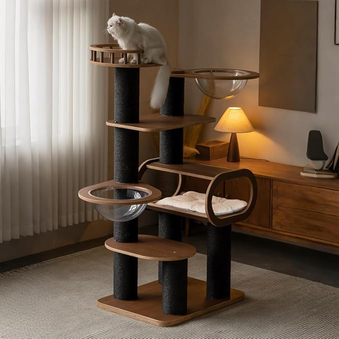 63'' Modern Cat Tree, Black Cat Tower with Scratching Post, Wooden Cat Tree for Indoor Cats Large Adult, Luxury Cat Furniture, Heavy Duty Activity Center with Transparent Bowl and Semi-Closed Condo-Mewly Pet