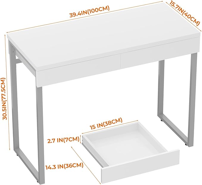 GreenForest Vanity Desk with 2 Drawers,47 inch White Desk with Glossy Desktop Easy Clean,Makeup Dressing Table with Metal Silver Legs for Home Office Small Spaces,Bedroom
