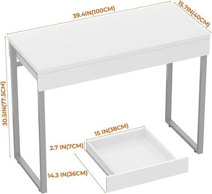 GreenForest Vanity Desk with 2 Drawers,Glossy Desktop White Desk for Bedroom,Makeup Table with Storage Space,Small Desk for Home Office,39 inch No Mirror