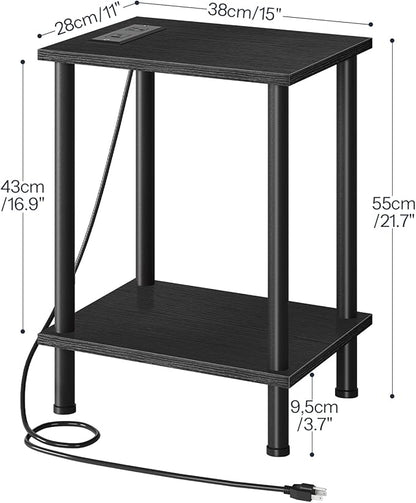 HOOBRO Side Table with Charging Station, Set of 2 End Tables with USB Port and Outlets, Nightstand with 2-Layer Storage Shelves for Small Spaces, Living Room, Bedroom, Black BK09UBZP201