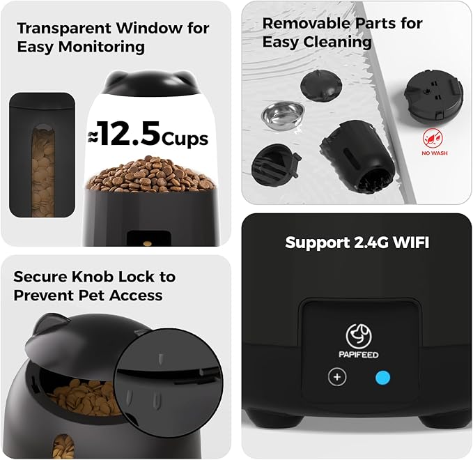 PAPIFEED Automatic Cat Feeder, 2.4G WiFi Auto Cat Food Dispenser with App Control, 3L Auto Pet Feeder with Dual Power Supply, Detachable for Easy Clean for Cats and Small Dogs, Black-Mewly Pet