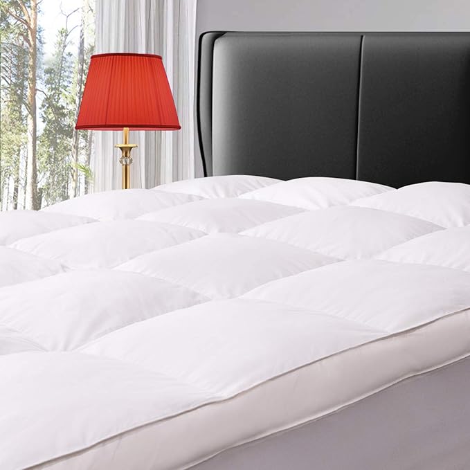 ELEMUSE Cal King Size Extra Thick Fusion Goose Down Feather Filled Mattress Topper, Plush Fluffy Double Layer Pillowtop Mattress Pad Cover, Soft Featherbed with 8-21 Inch Deep Pocket