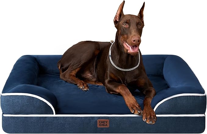 EHEYCIGA Orthopedic Dog Beds for Extra Large Dogs, Waterproof Memory Foam XXL Dog Bed with Sides, Non-Slip Bottom and Egg-Crate Foam Big Pet Couch Bed with Washable Removable Cover, Navy-Mewly Pet