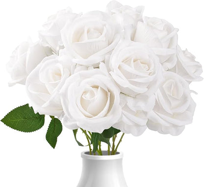 Roses Artificial Flowers 10 Pack in Bulk, White Fake Roses Flowers Realistic Roses for Wedding Home Party Decoration Event Gift