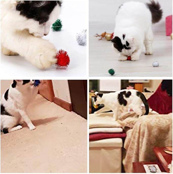 30Pcs 1.2inch/3cm Sparkle Balls for Cats - Interactive Toy Pom Pom Fuzzy Tinsel Cat Balls for Indoor Play (Mixed Colour)-Mewly Pet