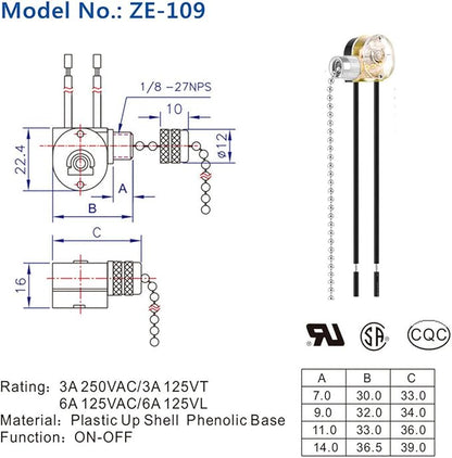 Pull Chain Switch Zing Ear ZE-109 Ceiling Fan Switch Ceiling Fan Light Lamp Replacement 2 Pack Nickel