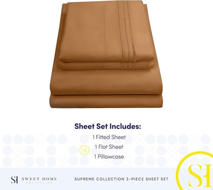 Twin Sheets - Breathable Luxury Sheets with Full Elastic & Secure Corner Straps Built In - 1800 Supreme Collection Extra Soft Deep Pocket Bedding Set, Sheet Set, Twin, Mocha