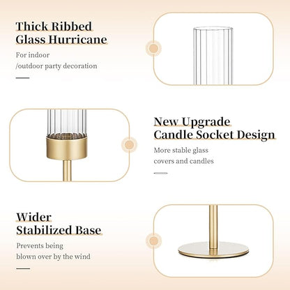 Glasseam Tapered Gold Candlestick Holders: 6 Pcs Tall Brass Taper Candle Holder with Ribbed Glass Cylinder - Hurricane Fluted Candle Holders for Table Centerpiece Wedding Party Christmas Decorations