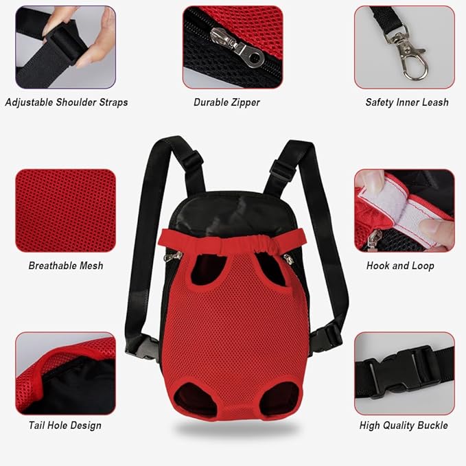 FEimaX Dog Carrier Backpack Pet Legs Out Front Cat Travel Bag, Adjustable Puppy Backpacks Carriers Hands-Free for Small Medium Dogs Cats Hiking Traveling Camping Daily Walking (Medium, Red)-Mewly Pet