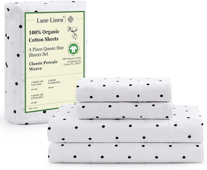 LANE LINEN 100% Organic Cotton Twin Sheets Set - 3 PC Bedding Sheets & Pillowcases - Breathable & Cooling Bed Sheets - Deep Pocket up to 15", Sheets for Twin Size Bed: Polka Dot (Black)
