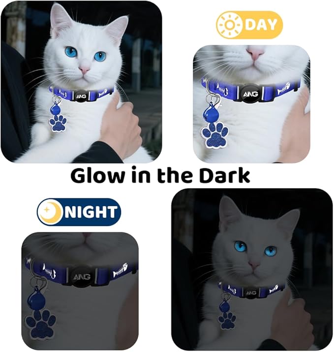 Personalized Breakaway Cat Collars Glow-in-The-Dark with ID Tag, Bell - Safety Quick - Release, Customizable for Female Male Kittens & Cats (Navy)-Mewly Pet