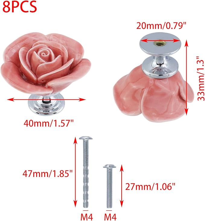 8PCS 1.57" × 1.3" Ceramics Peach Rose with Base Knobs Flower Shaped Pulls for Cupboard Drawer with 2 Kinds of Screws