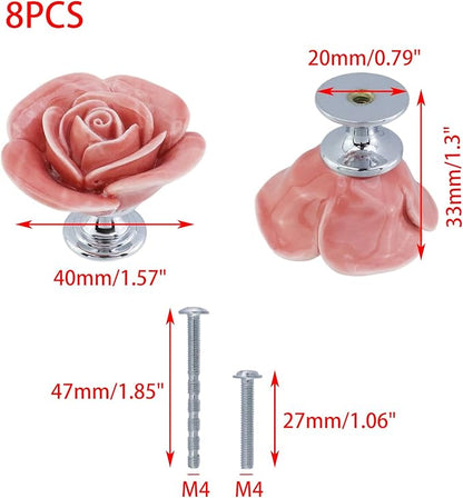 8PCS 1.57" × 1.3" Ceramics Peach Rose with Base Knobs Flower Shaped Pulls for Cupboard Drawer with 2 Kinds of Screws