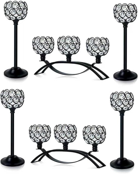 Crystal Tealight Candle Holder Centerpiece Home Decorative Candlestick Holder Elegant Table Centerpiece Home Decor Wedding Party Anniversary (Black, Set of 6)