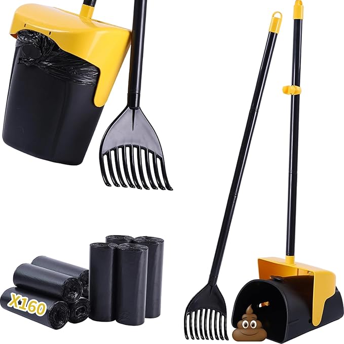 Pooper Scooper Large Swivel Bin & Rake with 160 Waste Bags,Heavy Duty Dog Pooper Scooper with Bag Attachment for Large Small Dogs, Long Handle Poop Scooper with Lid for Yard, Grass, Gravel (Yellow)-Mewly Pet