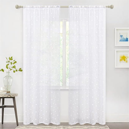 MYSKY HOME White Curtains for Living Room 90 Inch Length Long Pom Pom Curtains for Bedroom Sheer Curtain for Nursery Windows Rod Pocket Privacy Drapes Dining Room 52" x 90" 2 Panels