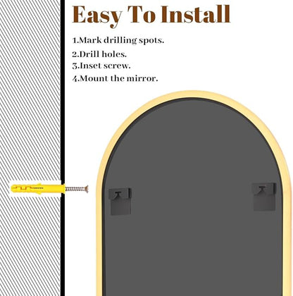 VooBang Arched Wall Mirror, 32 x 48 inch Arch Bathroom Mirror, Wall Mounted Vanity Mirror with Arch Metal Frame, Modern Bathroom Vanity Mirror for Bedroom, Living Room, Hanging or Leaning, Gold