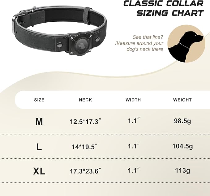 AirTag Dog Collar - Leather Dog Collar with Air Tag Holder | IPX8 Waterproof, Reflective, High - End, Adjustable Soft Padded | Dog GPS Tracker Collars Fit for Medium Large Dogs (Black, L)-Mewly Pet