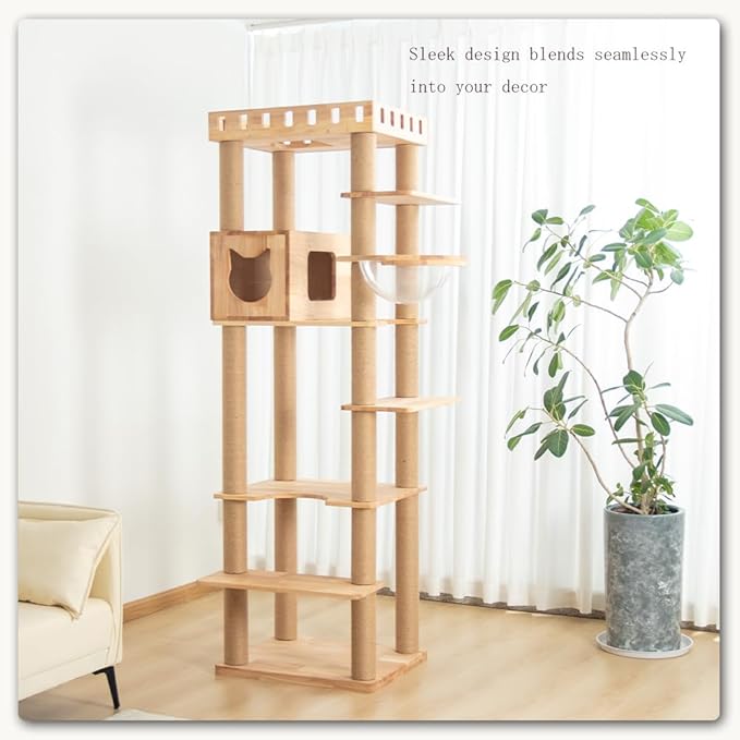 74.8" Wooden Cat Tree Tower for Large Cats, Multi-Level Cat Climbing Furniture with Scratching Posts, Cat Condo & Hammock, Natural Wood Cat Activity Center (Brown)-Mewly Pet