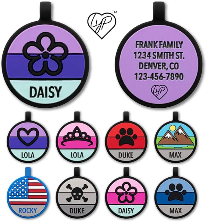LYP - Our Original Soundless Pet ID Tag - Largest Line of Silicone Dog Tags - No More Jingling Dog Tags -Durable - Never Fades - Customized Deep Engraved Silicone (Flower - Purple)-Mewly Pet
