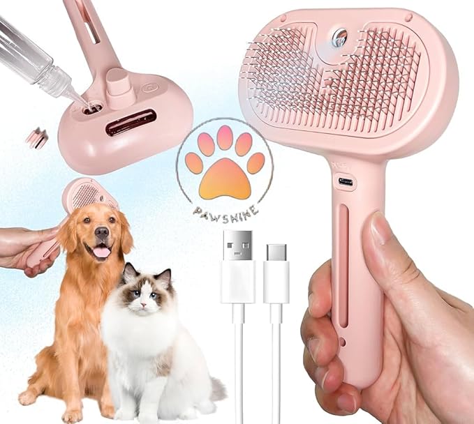 Cat steam brush – Effective Pet Brush for Indoor Cats, Steam Technology for Shedding, Mats & Grooming – Ideal cat brush indoor for Deep Cleaning (Pink)-Mewly Pet