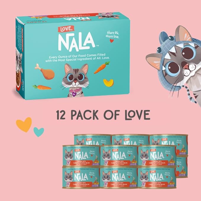 LOVE, NALA - Natural Adult Cat Wet Food - Pate Chicken with Carrot & Pumpkin Recipe- Grain Free, Non-GMO, Lean Protein, Digestive Fiber Blend, Added Minerals & Vitamins - 12 Pack 2.4 lbs.-Mewly Pet