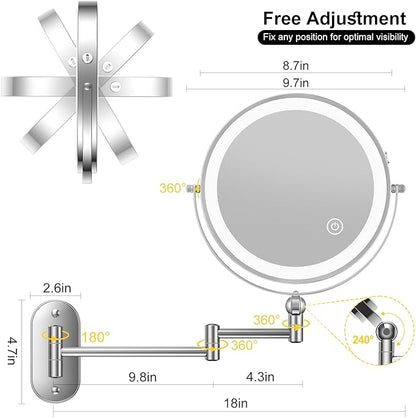 9" Wall Mounted Lighted Makeup Mirror,4000mAh Rechargeable Double Sided 1X/10X Magnifying Mirror with Light,3 Color Lights,Touch Dimmable,Extended Arm 360 Rotation Wall Mounted Makeup Mirror