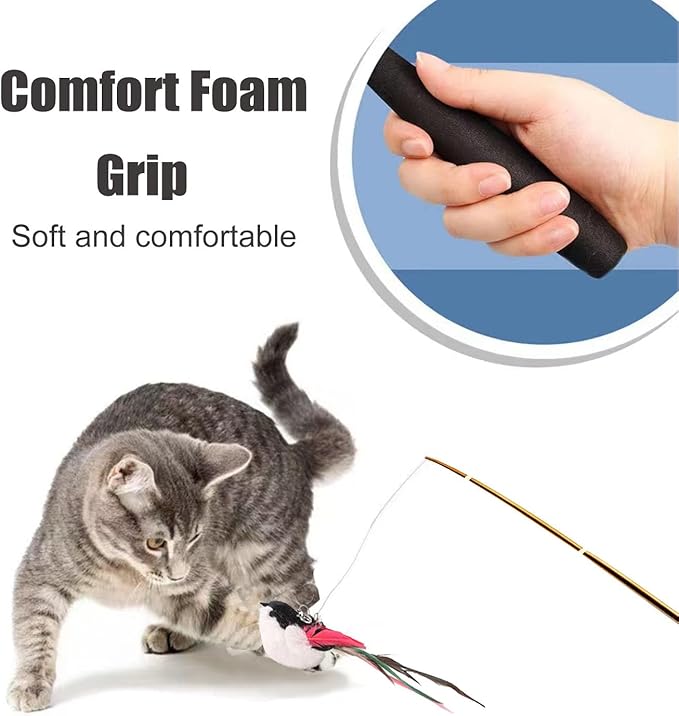 Interactive Cat Wand Toys Set, 2PCS Cat Teaser with 6 Replacement Birds, Feathers & Bells for Indoor Play-Mewly Pet