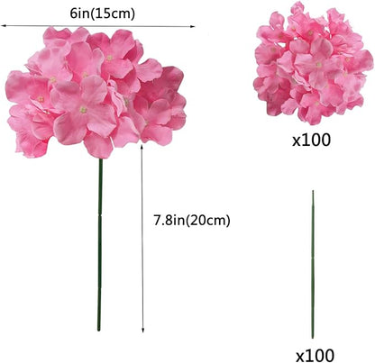 100PCS Artificial Hydrangea Flowers, Fake Flowers Silk Hydrangea Full Flowers Heads with Stems for Wedding Home Party Shop Baby Shower Decor (Bubble Pink)