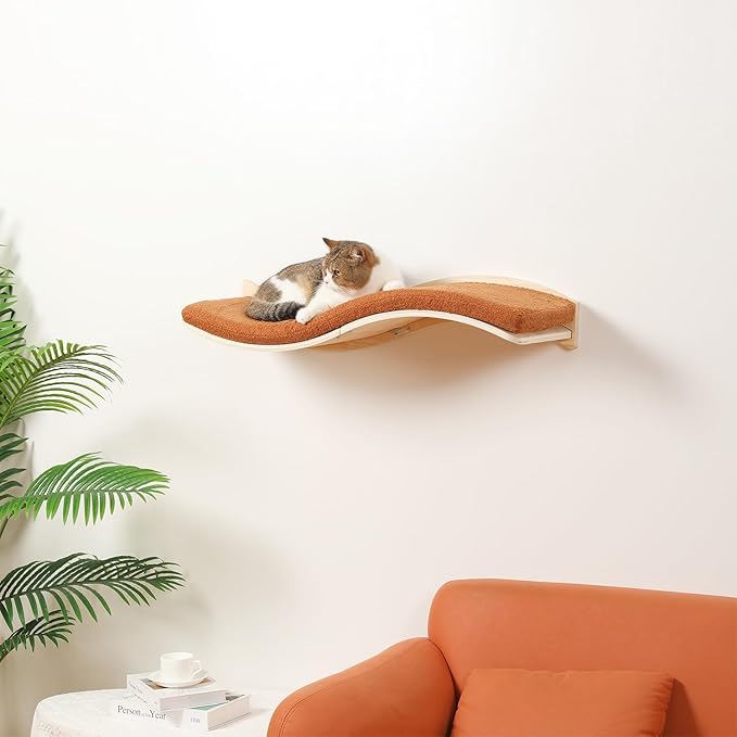 Cat Wall Shelves for Large Cats - Wall Mounted Furniture with Comfortable Cushion, Perfect Perch and Bed for Multi-Cat Households - 35 inch Wavy Shelf for Climbing, Playing, Resting, and Lounging-Mewly Pet
