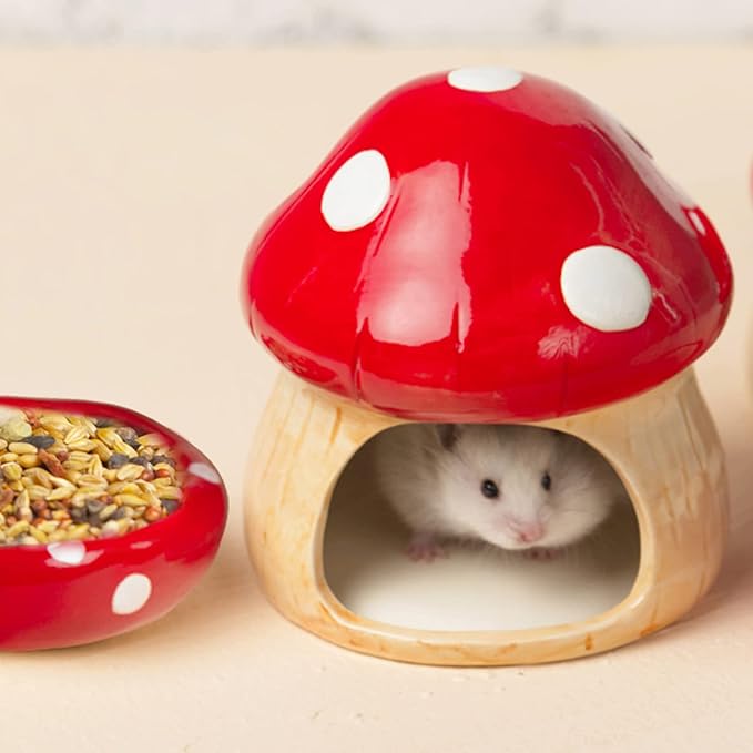 Ceramic Mushroom Guinea Pig House Hamster Hide Bed Includes Hamsters Food Bowl Guinea Pig Hideout for Hamster Chinchilla Hedgehog Rat Small Animals(Red Mushroom Set)-Mewly Pet
