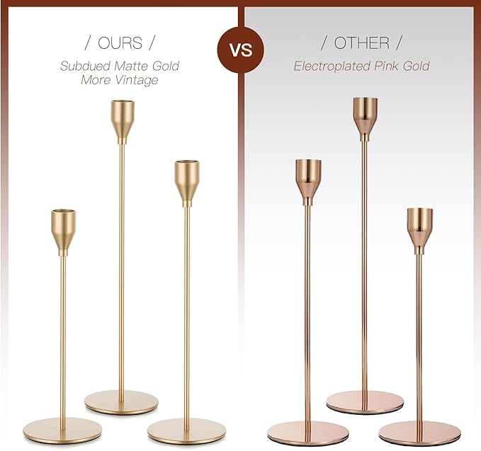 Gold Taper Candle Holders: Tall Candlestick Holder for Table Centerpiece Set of 3 Metal Candles Stick Holders Stand Wedding Decor