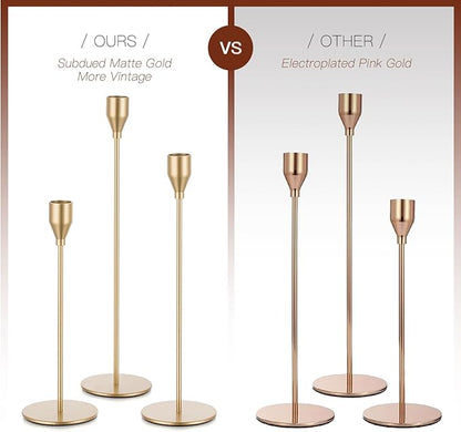 Gold Taper Candle Holders: Tall Candlestick Holder for Table Centerpiece Set of 3 Metal Candles Stick Holders Stand Wedding Decor