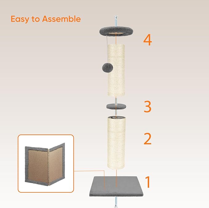 PAWSCRAT Cat Scratching Post 32" Tall, Large Diameter Natural Sisal Cat Scratch Post with Dangling Ball, Scratch-Resistant and Durable for Indoor Cats, Protect Your Furniture, LightGrey-Mewly Pet