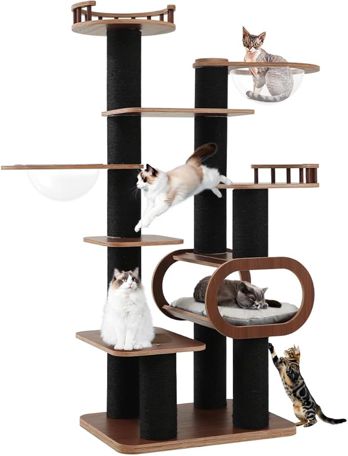 70.9'' Black Cat Tree for Indoor Cats Large Adult, Heavy Duty Cat Tower with Scratching Post, Modern Kitty Tree with Removable Mats, Semi-closed Condo and Transparent Bowl, Wooden Luxury Cat Furniture-Mewly Pet