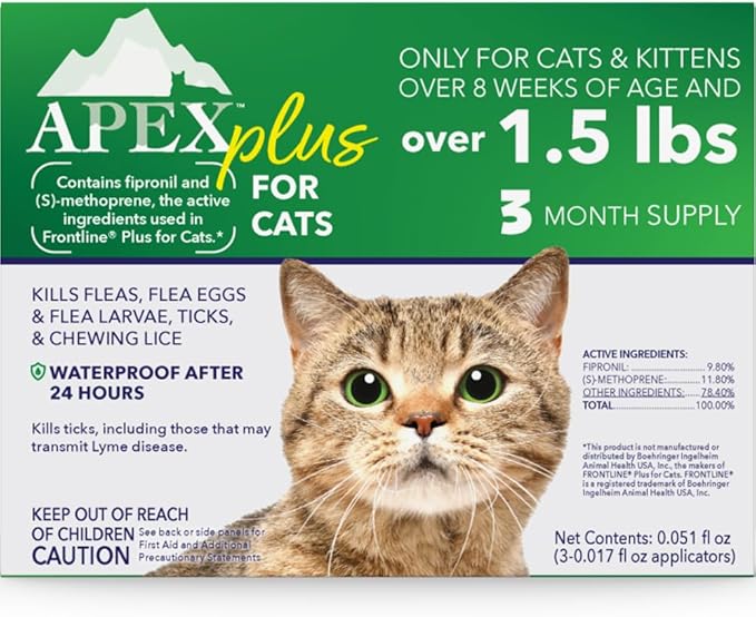 Apex Plus Flea Treatment for Cats, 1.5+ lbs | 3-Month Supply | Cat Flea and Tick Treatment Drops | 24-Hour Activation, Waterproof, 30-Day Protection-Mewly Pet