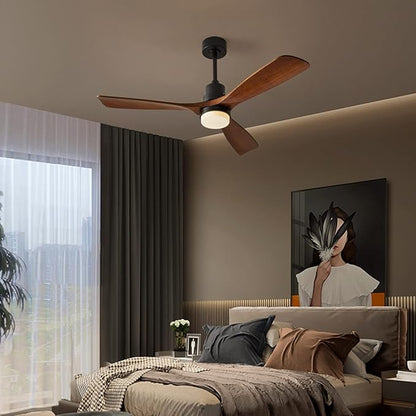 Ceiling Fans with Lights, 60" Wood Ceiling Fan with Remote Control, 3 Walnut Fan Blades Reversible Quiet DC Motor 6 Speeds Timing Farmhouse Ceiling Fan for Bedroom/Living Room/Study/Porch