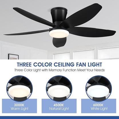 42" Ceiling Fans with Lights-Low Profile Ceiling Fan with Light and Remote/APP Control,Flush Mount,DC Reversible,LED Dimmable Blakc Ceiling Fans for Bedroom,Indoor/Outdoor Patio Use
