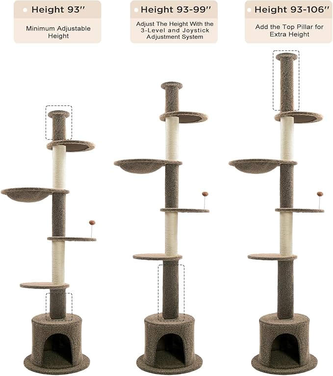 Made4Pets Floor to Ceiling Cat Tree 93-106'',Tall Cat Tower 5 Tiers, Adjustable Height, Stable Cat Tree Tower with Scratching Posts, Fluffy Condo, Hammock and Ball Toy for Indoor Cats/Kitten, Brown-Mewly Pet