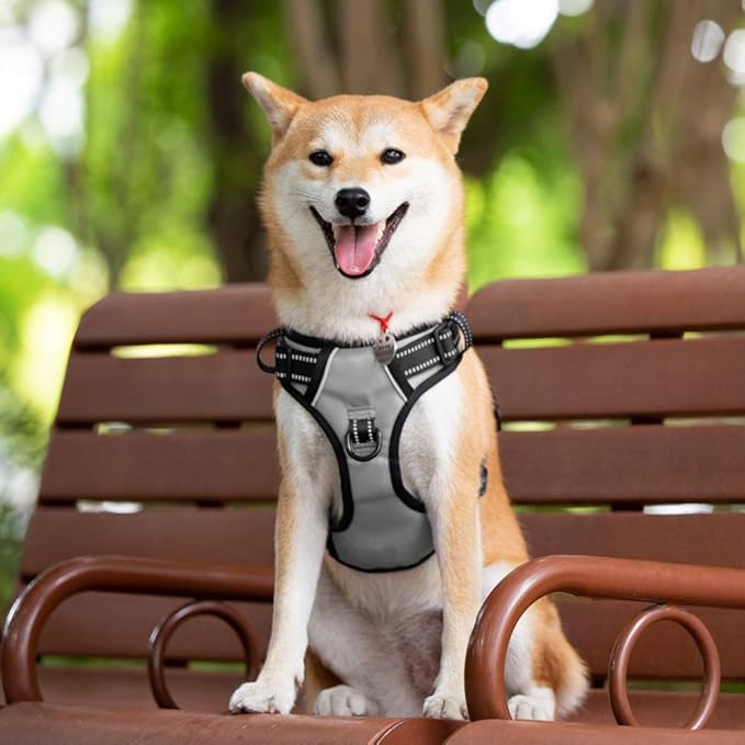 PoyPet No Pull Dog Harness, Reflective Comfortable Vest Harness with Front & Back 2 Leash Attachments and Easy Control Handle Adjustable Soft Padded Pet Vest for Small to Large Dogs (Gray,L)-Mewly Pet