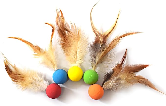 Cat Toy Balls, 5 PCS Colorful Feather Bouncy Balls for Cats No Noise Interactive Kitten Toys Cat Exercise Ball, Safe for Your Kitty (A)-Mewly Pet