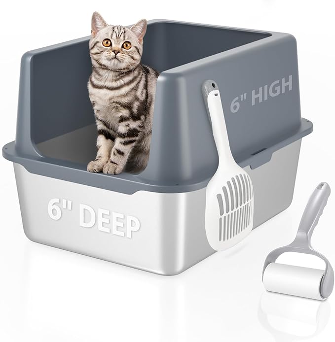 Litter Box with Lid, Stainless Steel Litter Box, 12" Metal Litter Pan High Sides, Small Litter Tray for Kittens, Cat Litter Tray Covered Grey, Easy Clean-Mewly Pet