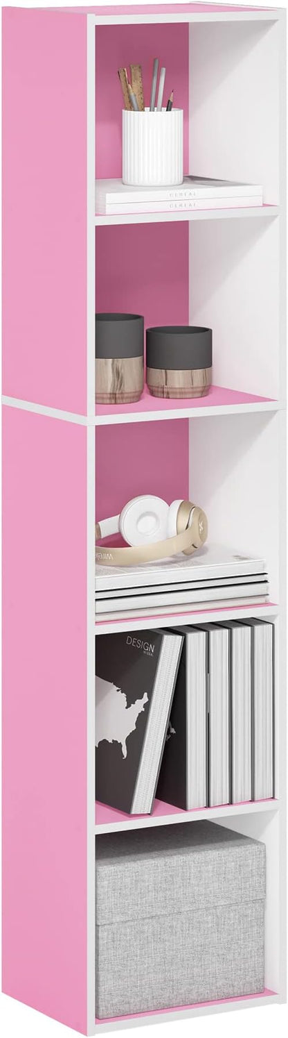 Furinno PASIR Book Shelf, 5-Tier Modern Bookshelf, Open Shelves Bookcase 9" x 12" x 52", for Living Room, Bedroom, Home Office, Pink/White