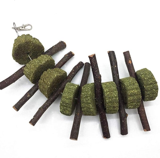 Bunny Chew Toys for Teeth, Organic Apple Wood Molar Sticks with Timothy Hay Circles for Bunny Chinchilla Guinea Pig Hamsters Holland Lop Prairie Dogs Squirrels Gerbils, Improves Dental Health-Mewly Pet